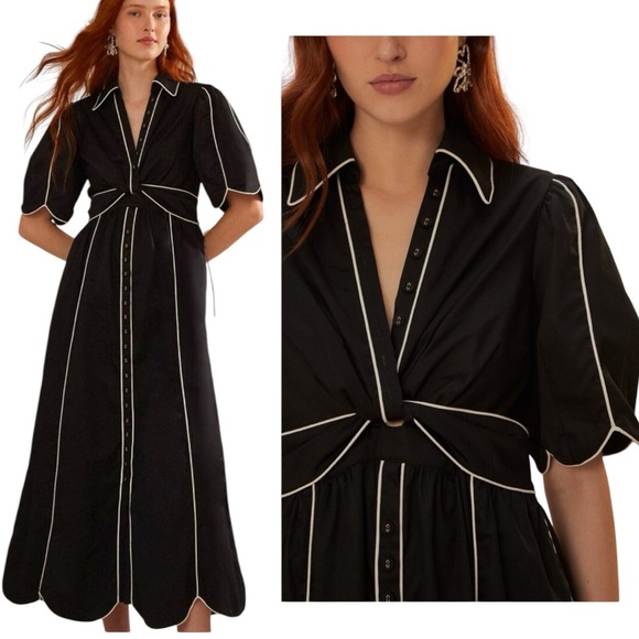 Farm Rio Contrasting-Trim Puff Short Sleeve Button Down Midi Dress Small NEW - Picture 2 of 16